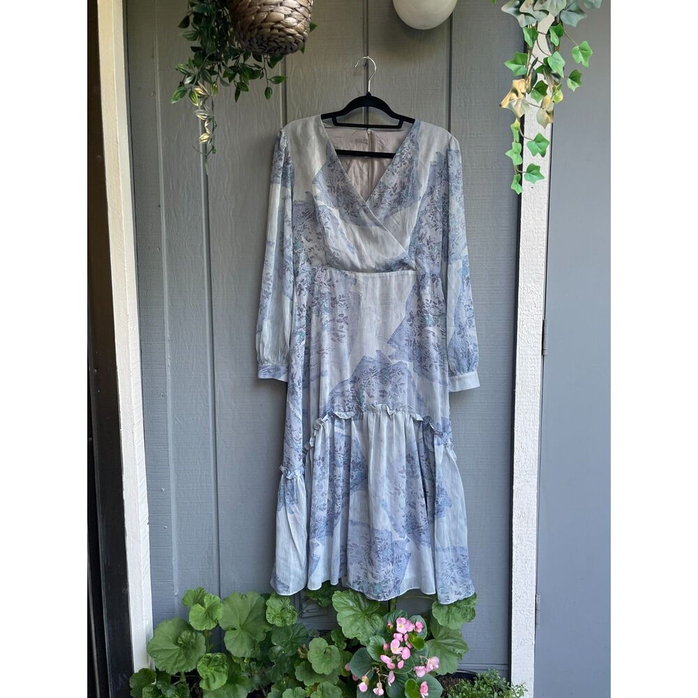 Women's Blue Floral Long Sleeve Midi Wrap Dress